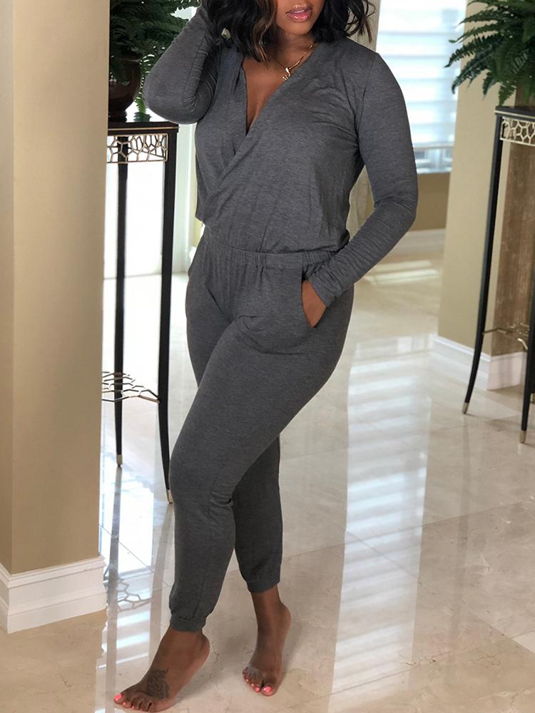 

Solid Deep V Wrapped Long Sleeve Jumpsuit