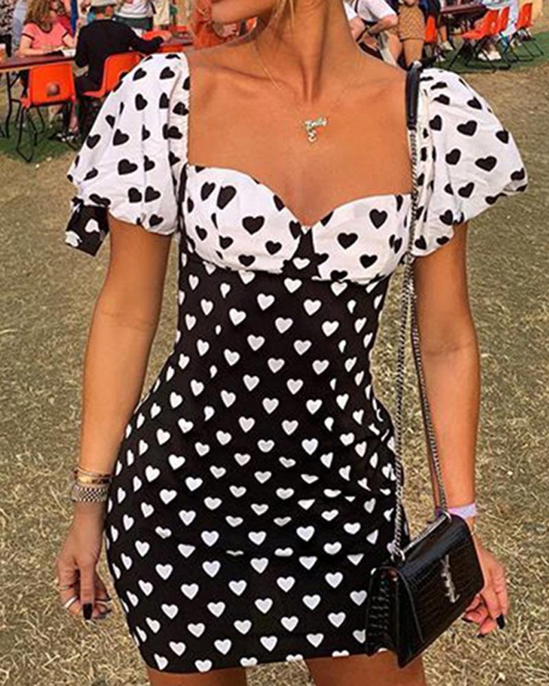 

Dot Print Puff Sleeve Bodycon Mini Dress, Black