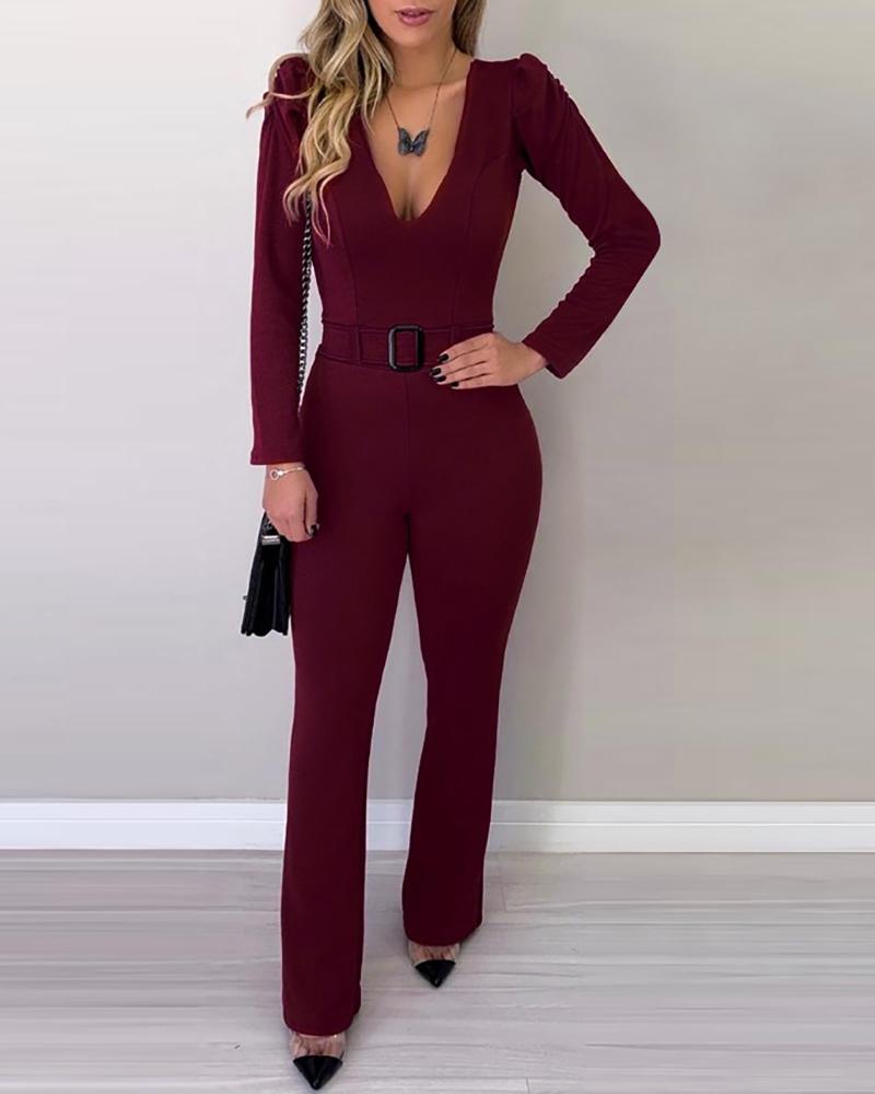 

Solid Long Sleeve Bell-Bottom Jumpsuit Whit Belt, Wine red