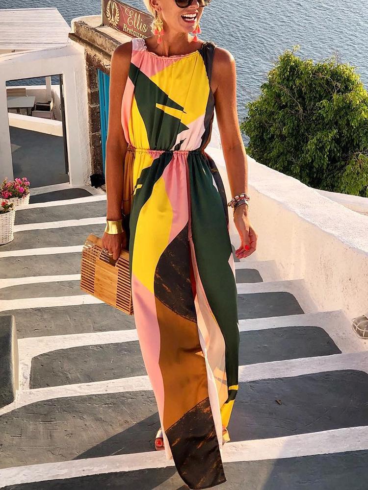 

Color Blocking High Slit Open Back Maxi Dress