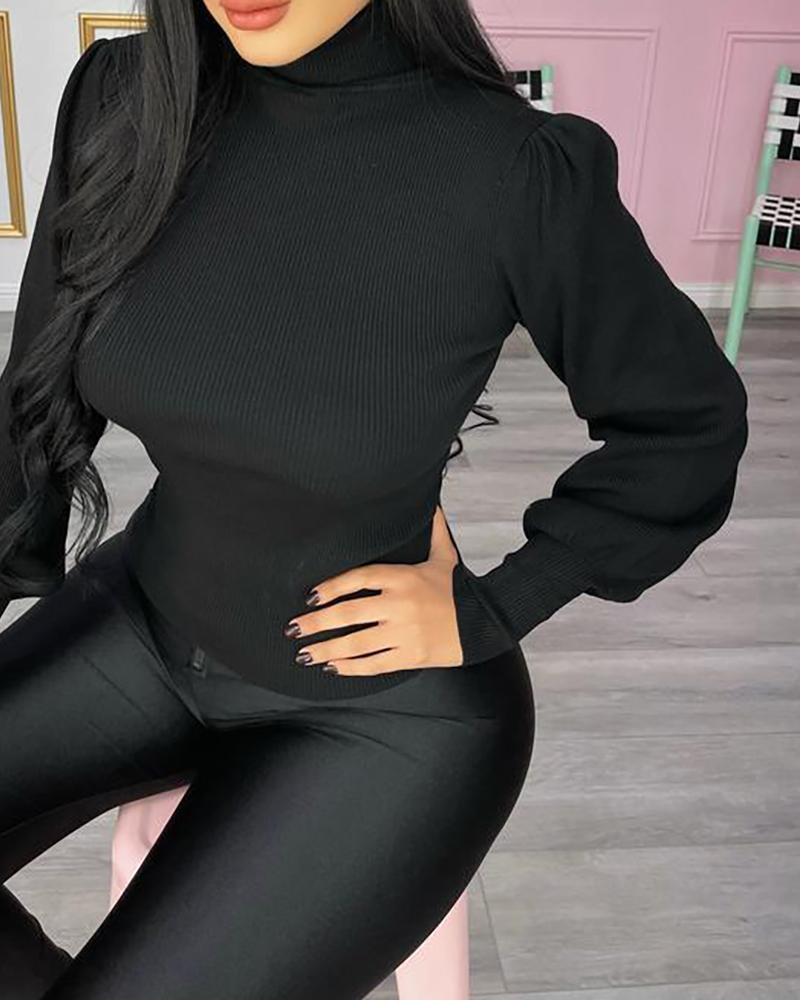 

Plain Puffed Sleeve High Neck Sweater, Black