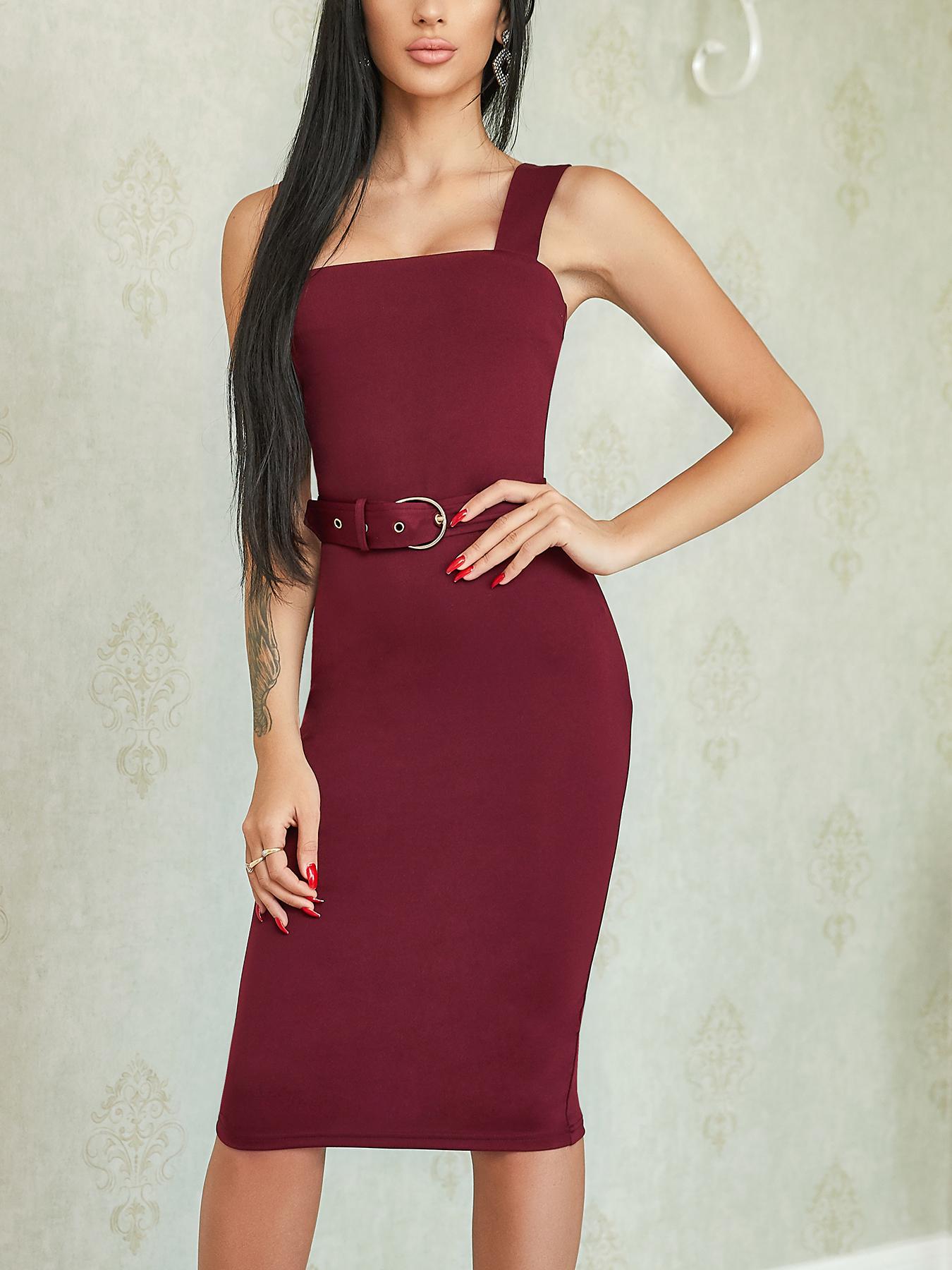 

Solid Scoop Neck Belted Sheath Midi Dress, Wine red