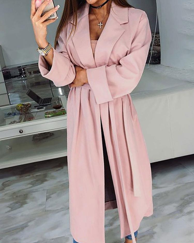 

Solid Long Sleeve Belted Long Coat, Pink