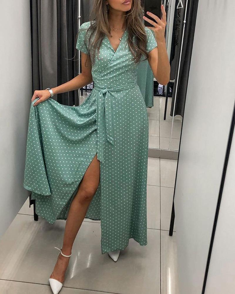 

Polka Dot Print High Slit Wrap Dress, Green