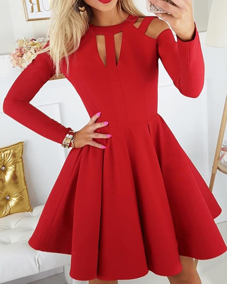 

Long Sleeve Cutout Pleated Dress, Red