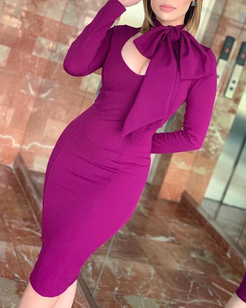 

Solid Tied Neck Long Sleeve Bodycon Dress, Purple