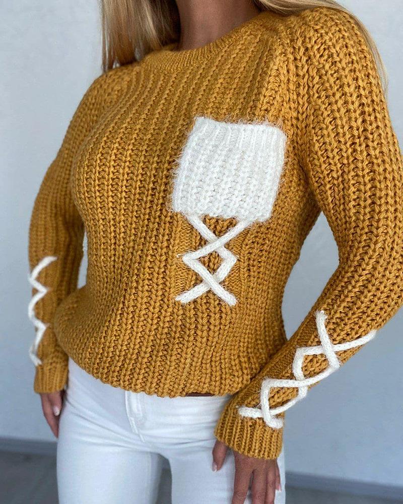 

Colorblock Pocket Design Long Sleeve Knit Sweater, Yellow
