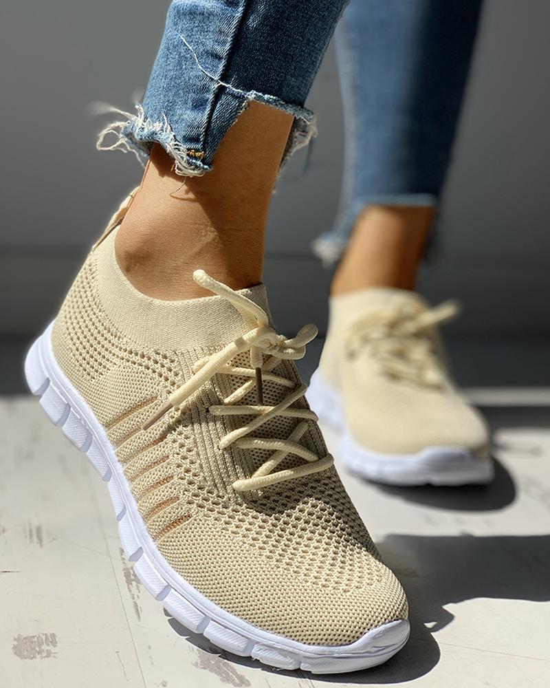 

Knitted Breathable Lace-Up Striped Sneakers, Apricot