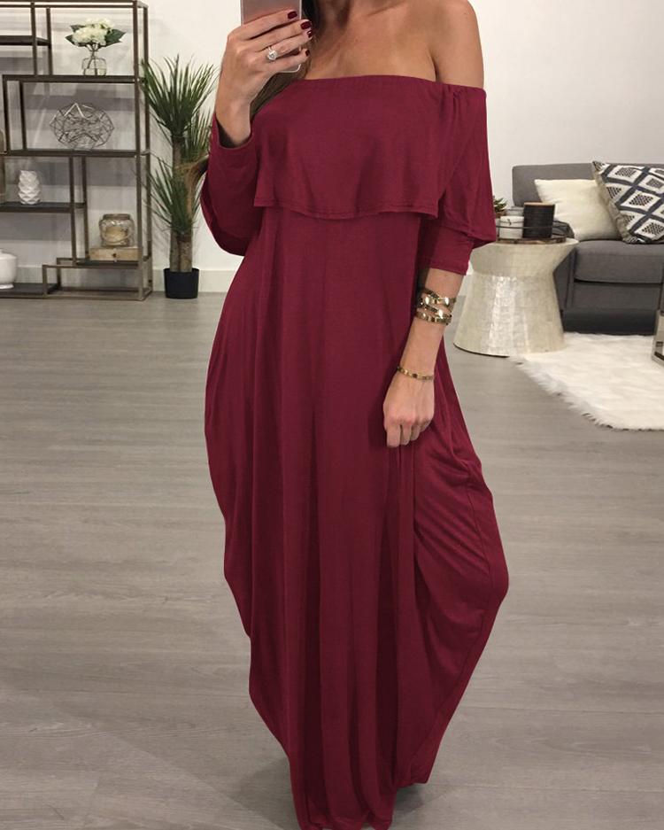 

Solid Ruffled Off Shoulder Casual Maxi Dress