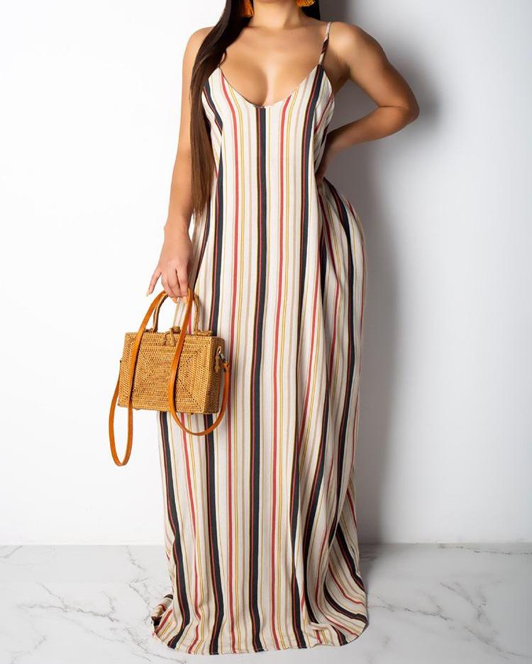 

Spaghetti Strap Multicolor Stripes Maxi Dress