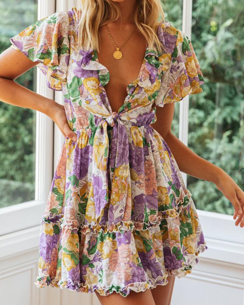 

Floral Print Tie Front Fit & Flare Dress, Multicolor