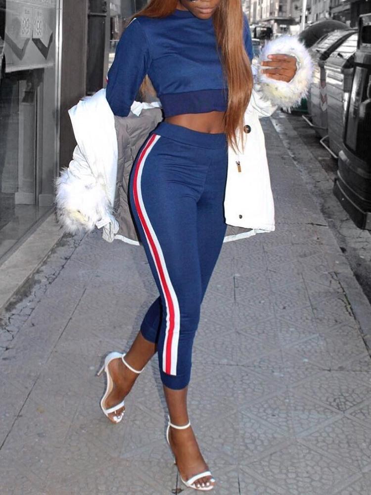 

Fashion Stripe Print Cropped High Waist Tracksuit, Blue
