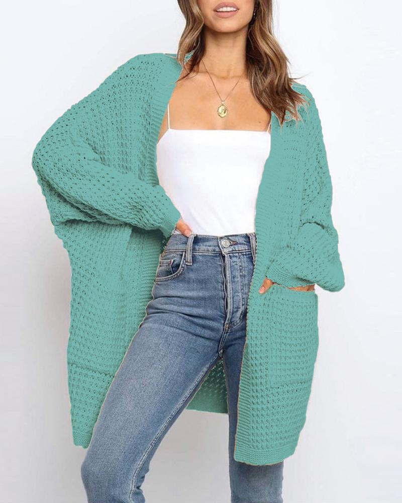 

Open Front Long Sleeve Knitting Cardigan, Green