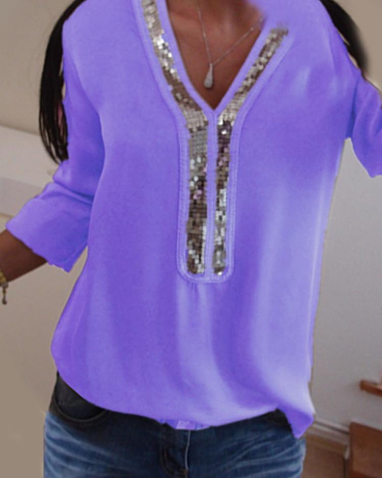 

Contrast Sequins Insert Casual T-Shirt, Purple