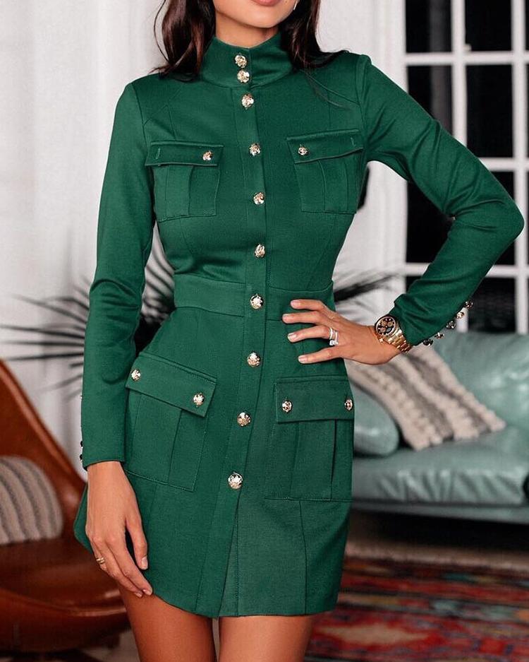 

Solid Button Pocket Design Coat Dress, Dark green