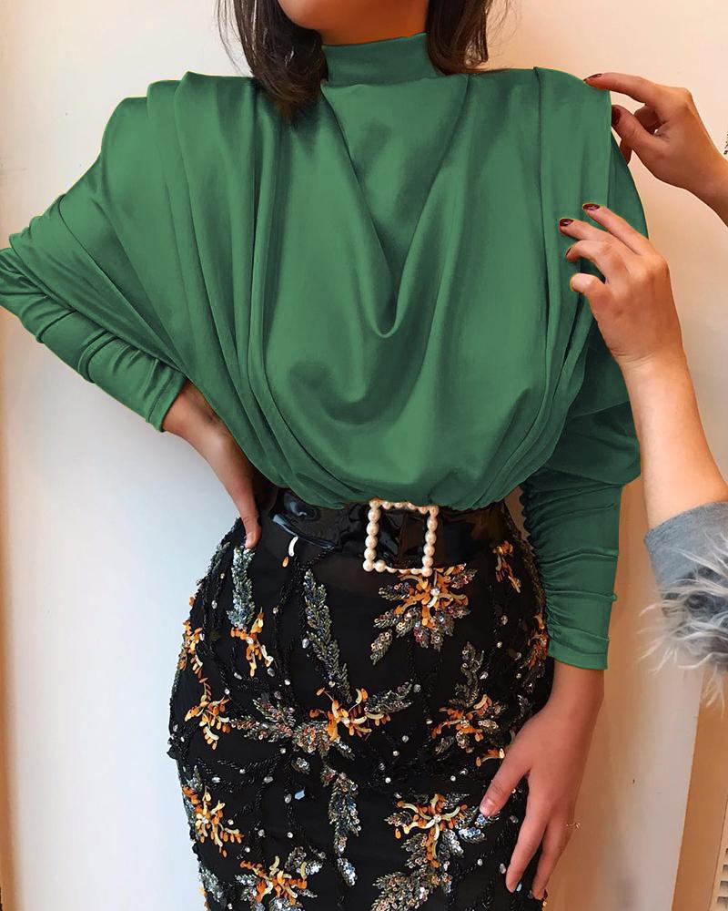 

High Neck Batwing Sleeve Drape Front Blouse, Green