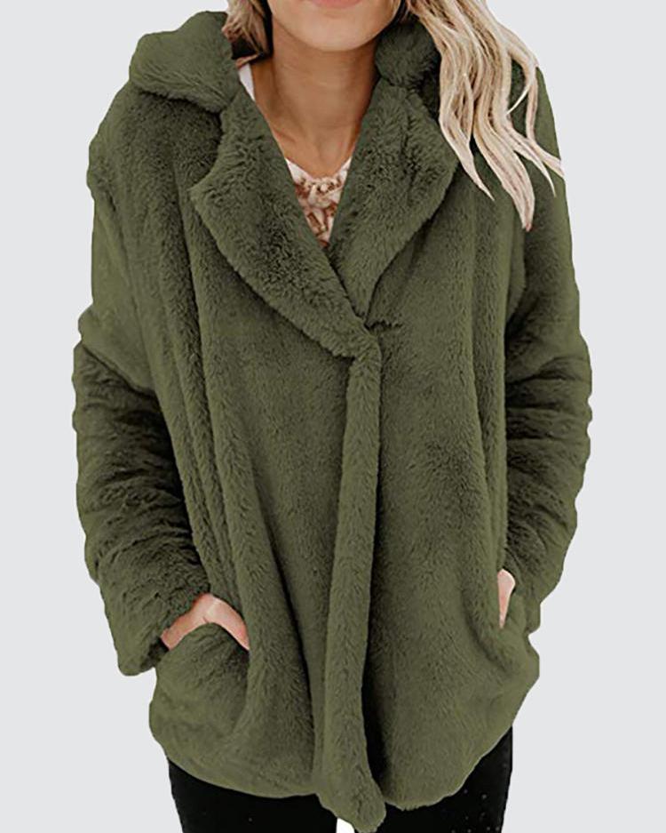 

Solid Fluffy Pocket Design Long Sleeve Coat, Army green