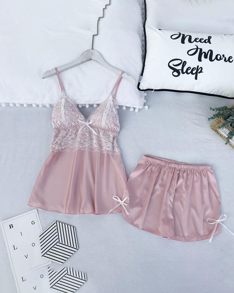 

Bowknot Lace Insert Satin Cami Set, Pink