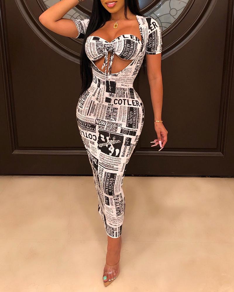 

Newspaper Print Bodycon Dress With Bra, White
