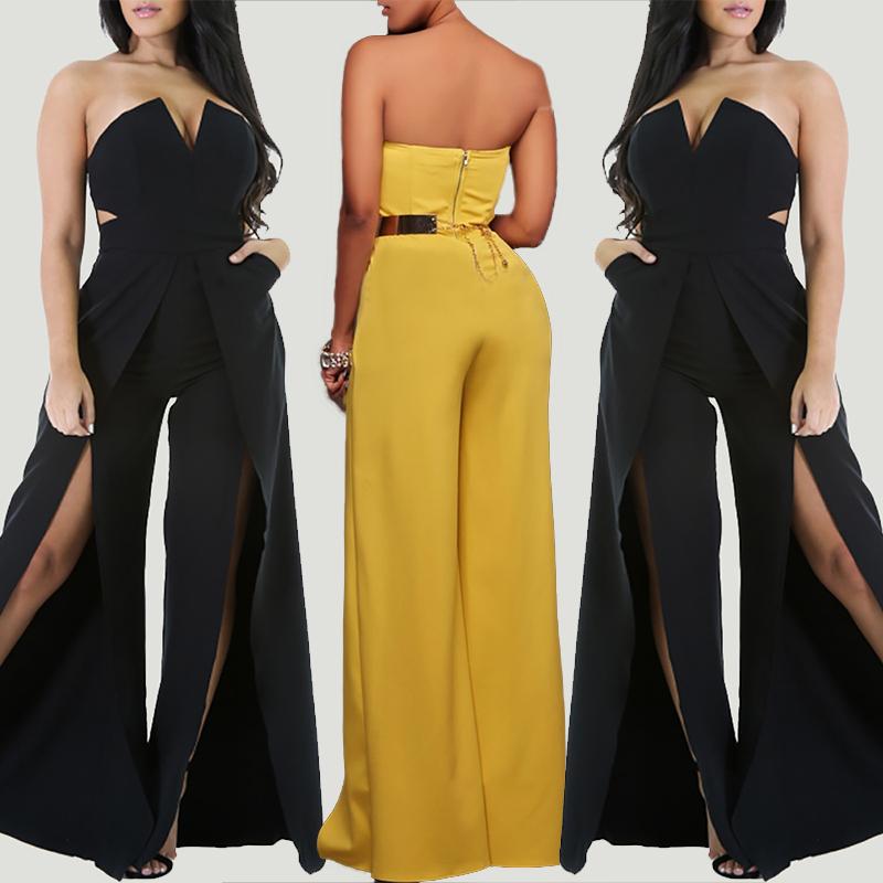 

Hot Fashion Irregular Strapless Split Flared Jumpsuit, Black