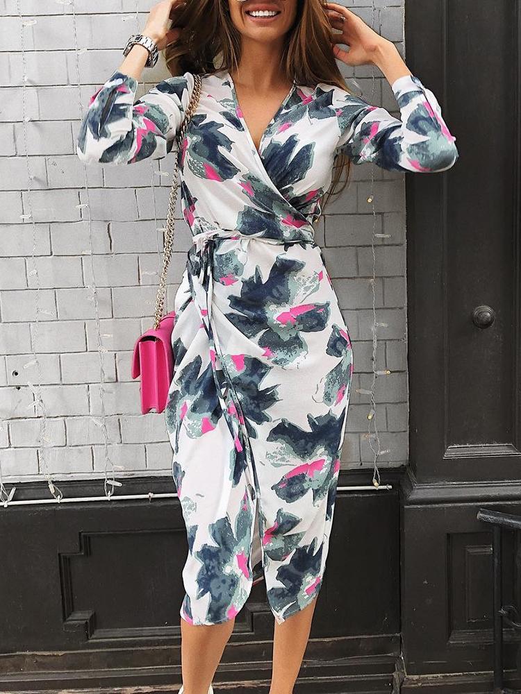 

V-Neck Floral Print Tie Waist Wrap Slit Dress, White