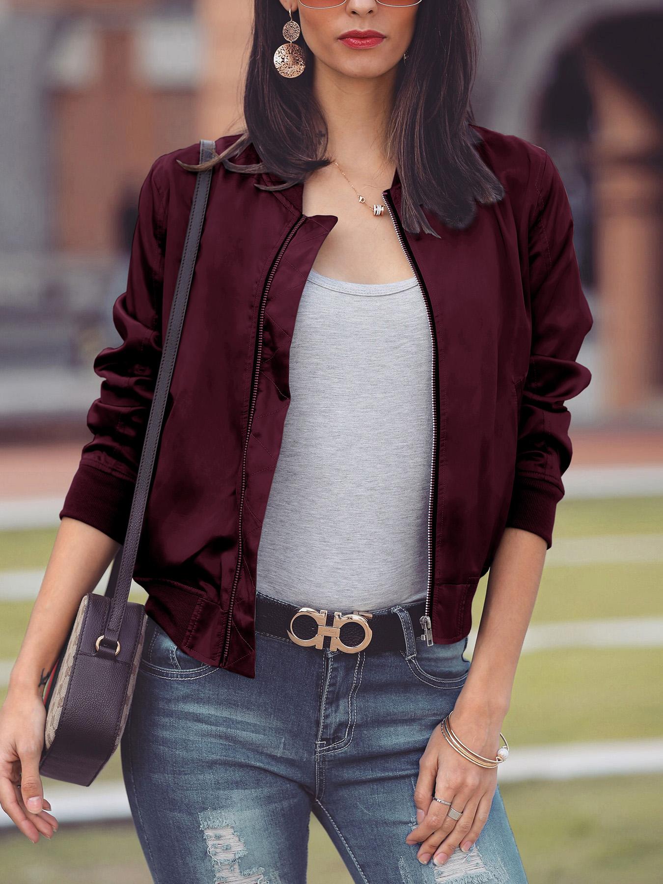 

Morgan Bomber Zipper Jacket Casual Coat, Wine red