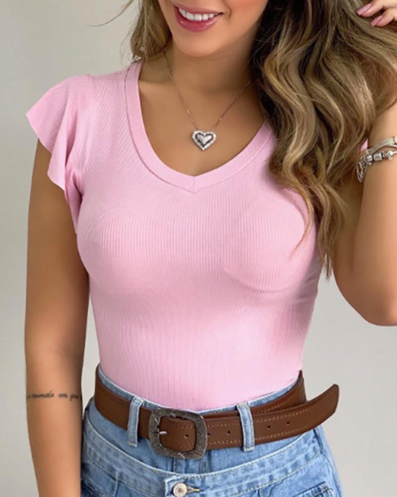 

Fluffy Sleeve Solid V-neck Casual T-shirt, Pink