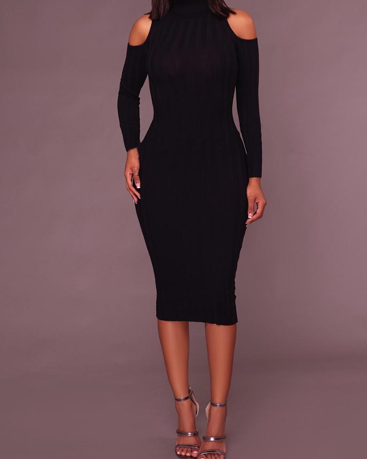

Ribbed High Neck Open Shoulder Bodycon Dress, Black