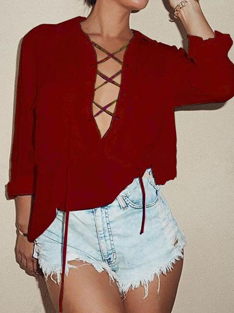 

Long Sleeve Eyelet Lace Up Pocket Blouse