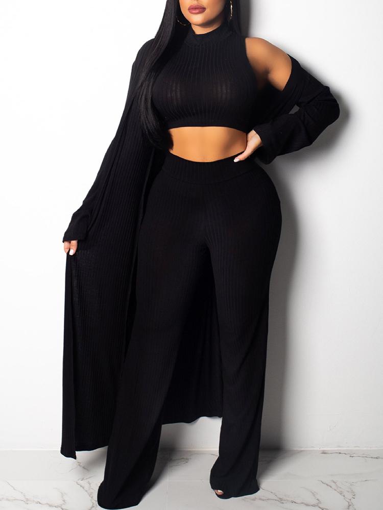 

3PCS Mock Neck Crop Top & Pants With Cardigan, Black