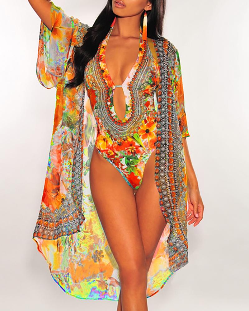 

Floral Print One Piece Swimwear With Cover Up, Orange
