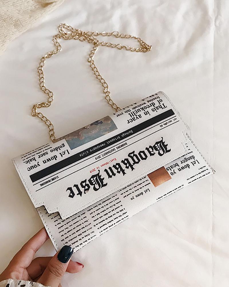 

Newspaper Pattern Chain Crossbody Bag, White