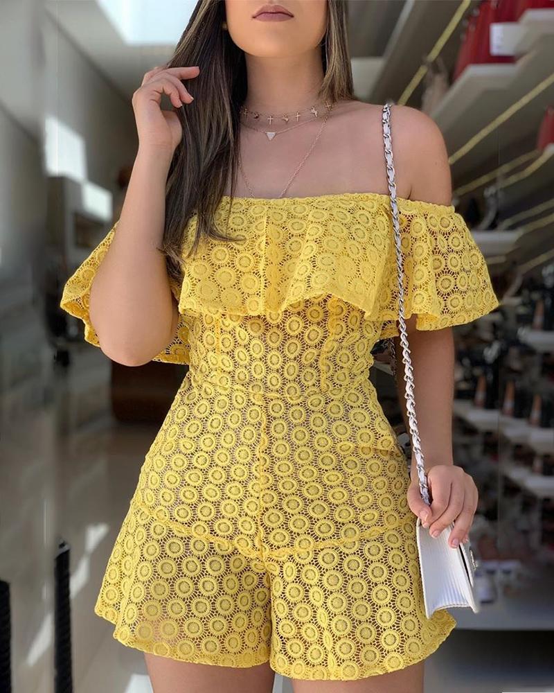 

Off Shoulder Eyelet Embroidery Ruffles Romper, Yellow