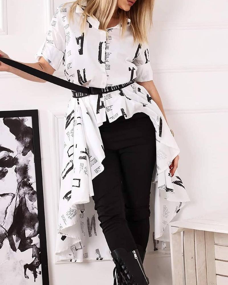 

Letter Print Irregular Long Sleeve Shirt, White