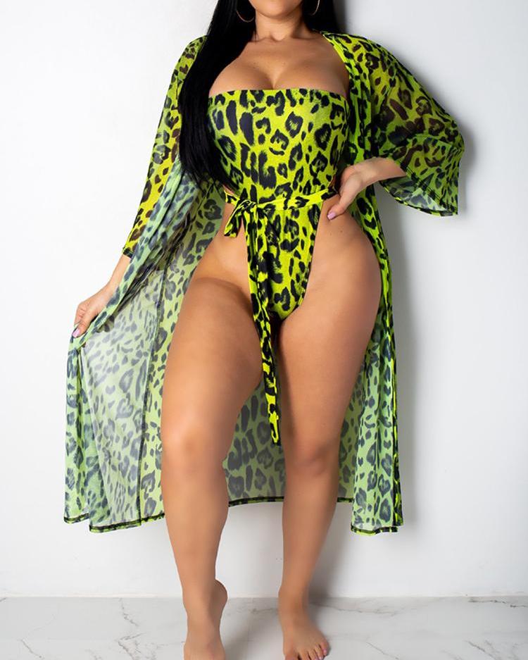

Leopard Belted One Piece Swimwear With Cover Up