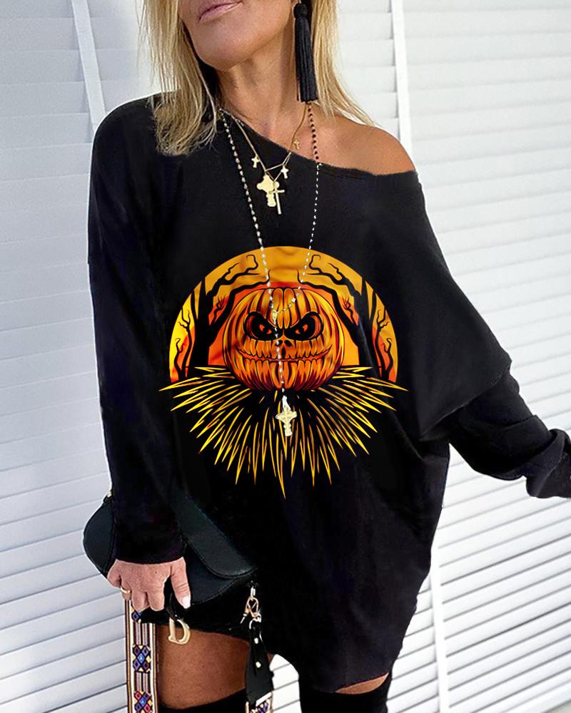 

Halloween Creepy Pumpkin Print Long Sleeve Sweatshirt, Black