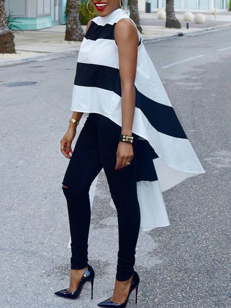 

Striped Sleeveless Dip Hem Irregular Blouse, Black