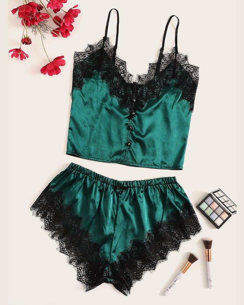 

Spaghetti Strap Cami Set, Green