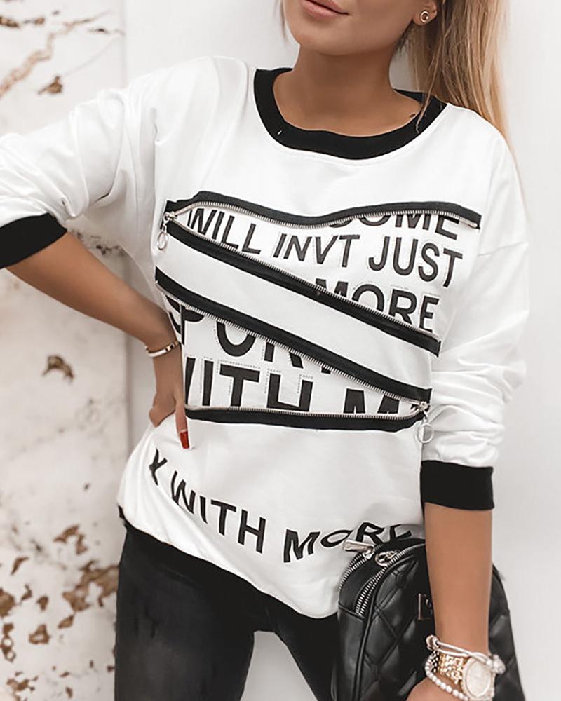

Letter Print Zipper Design Long Sleeve Sweatshirt, White