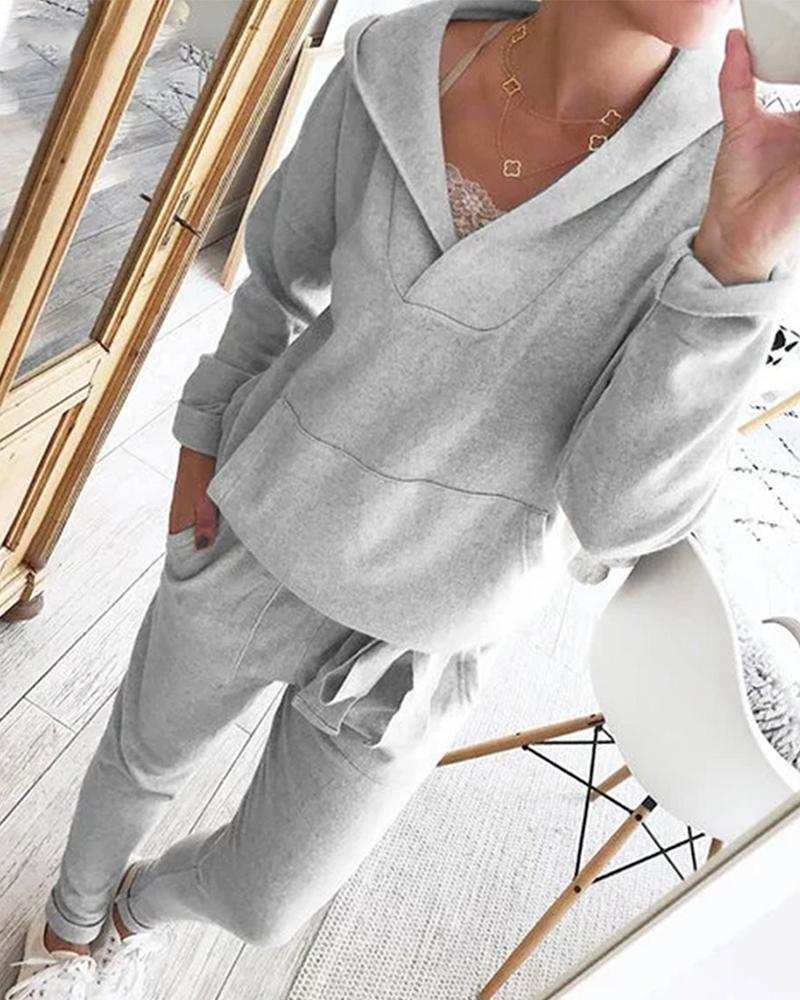 

Pocket Design Hooded Top & Drawstring Pants Set, Gray