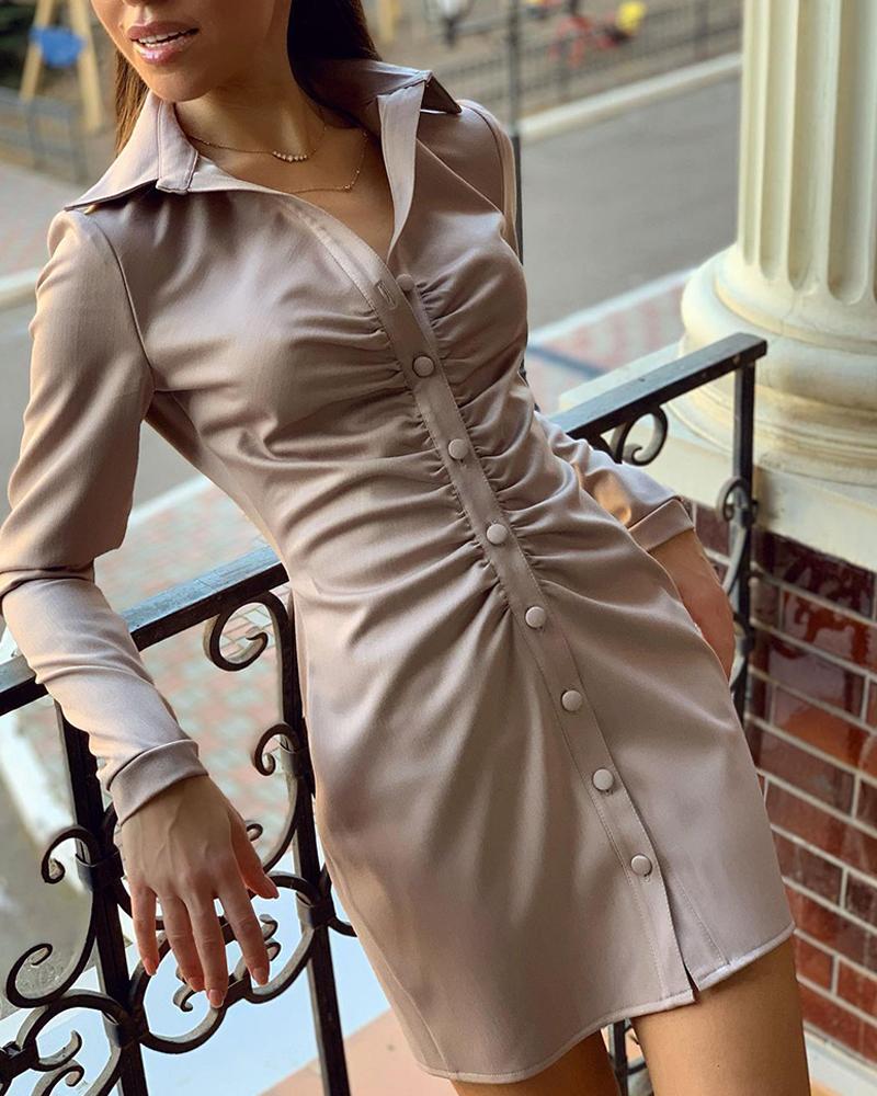 

Plain Button Design Ruched Long Sleeve Shirt Dress, Apricot