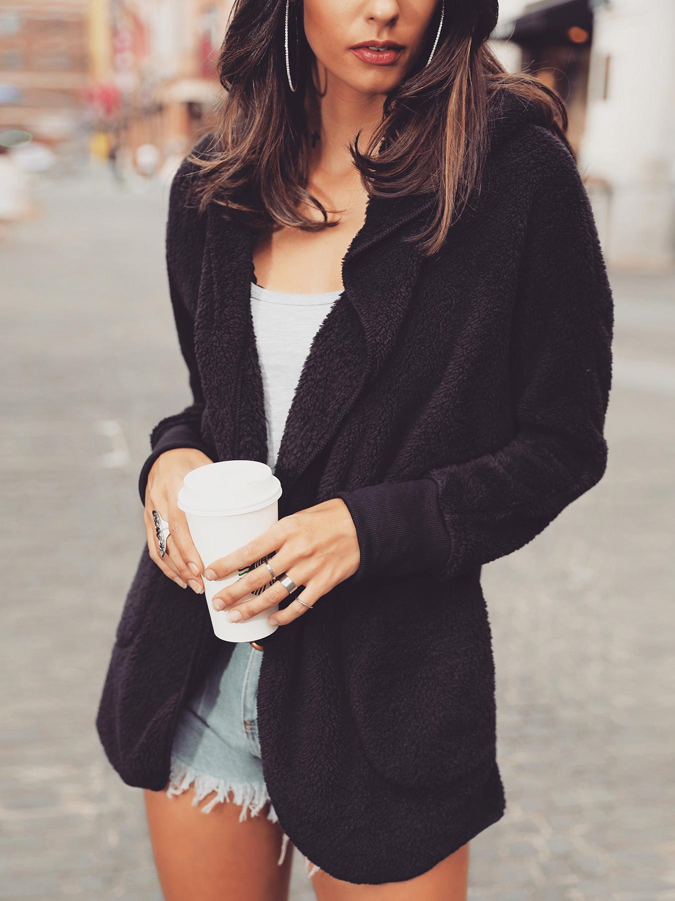 

Fluffy Hooded Open Front Pocket Coat, Black