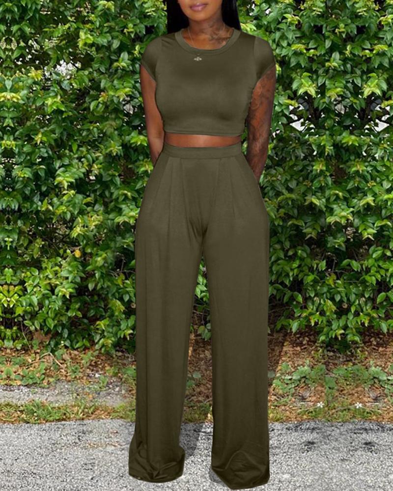 

Solid Crop Top & Pants Set, Green