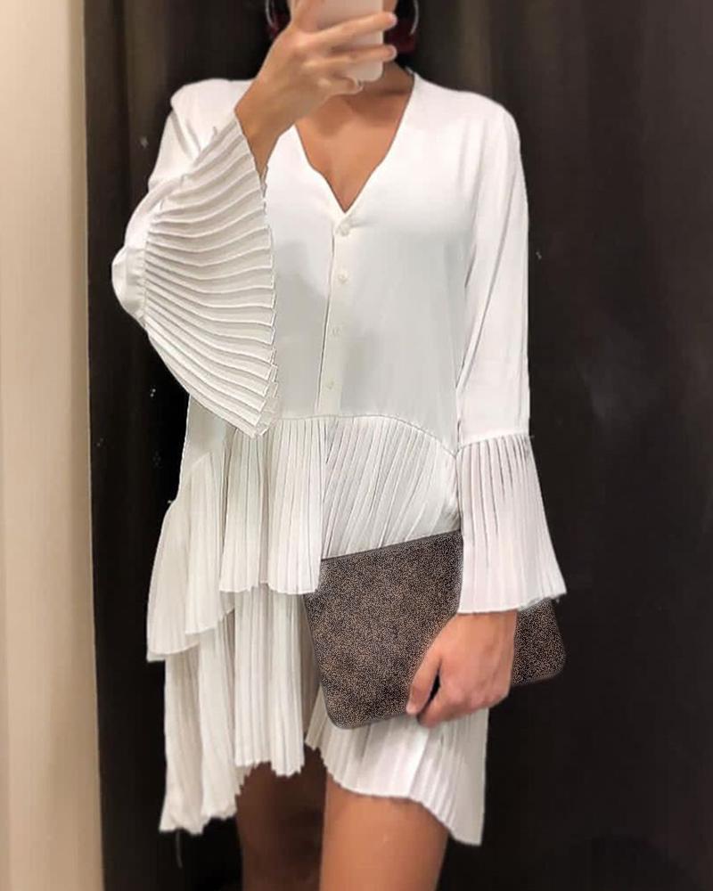 

Solid Pleated Ruffles Detail V-Neck Dress, White