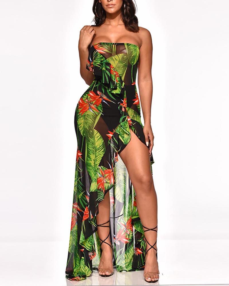 

Irregular Ruffled Stitching Tropical Print Maxi Dress