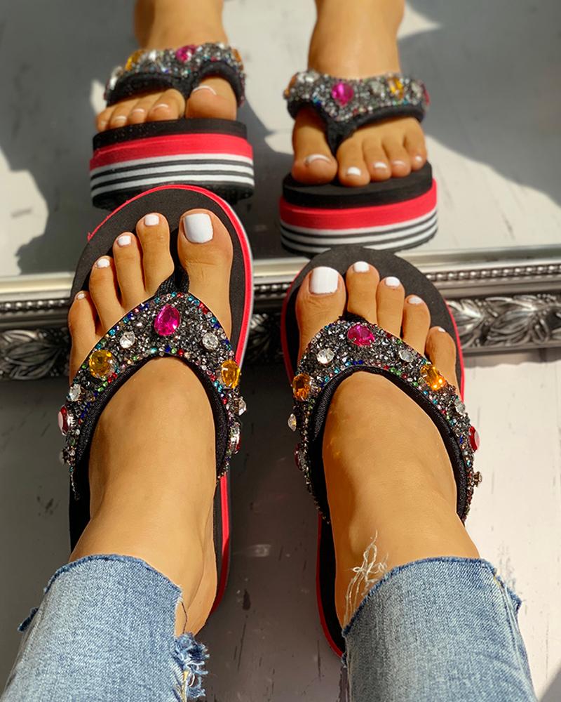 

Diamante Trim Design Casual Platform Sandals, Black