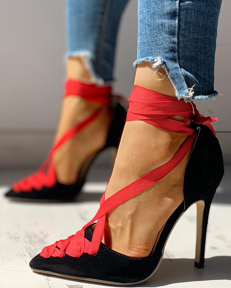 

Suede Lace-Up Ankle Thin Heels, Black