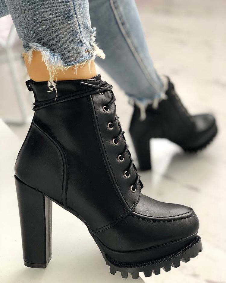 

Solid Lace-Up Platform Chunky Heeled Boots