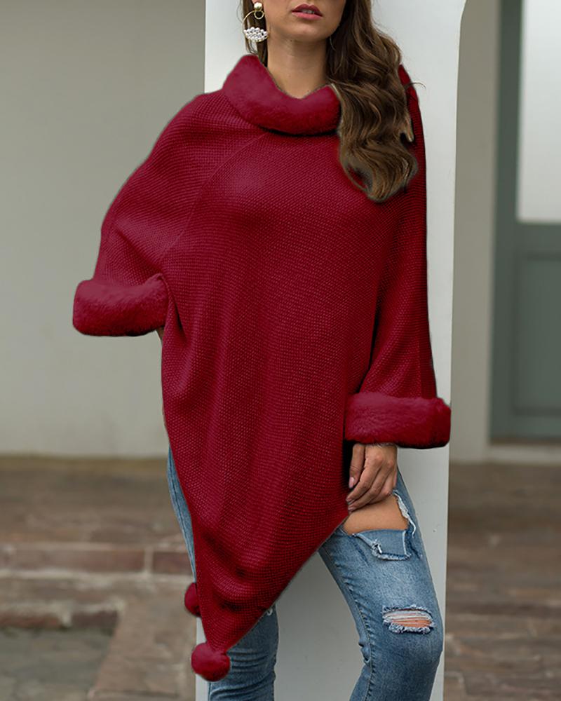 

Mock Neck Pom Pom Cape Sweater, Red