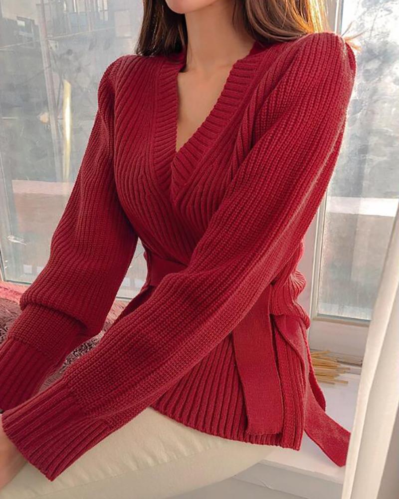 

Solid Long Sleeve Slit Knit Sweater, Red